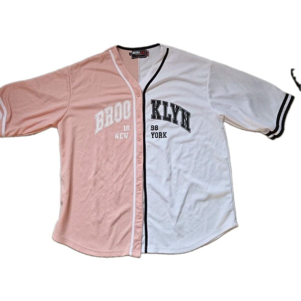 Retro Fox Brooklyn New York Baseball Jersey Pink White Button Front Women 2X EUC